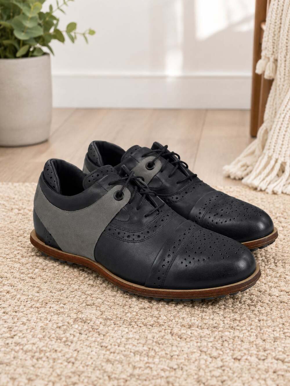 Tsubo Mens 11.5 Black Gray Leather Brogue Cap Toe Oxford Dress Shoes